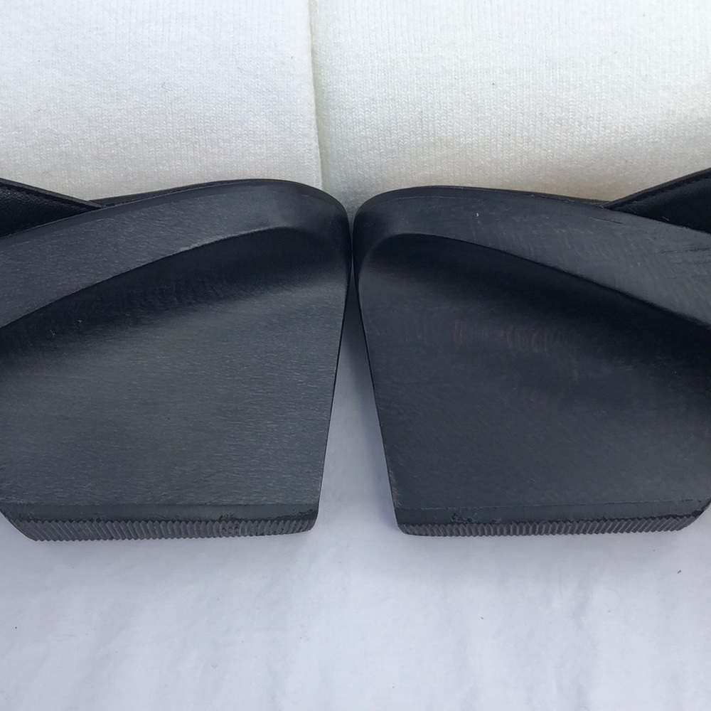 Ferragamo Wood & Leather Platform Peep Toe Slide/Mule w/3” Heel, Black - Picture 11 of 16